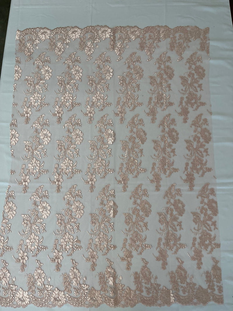 Flower Cluster Fancy Border Fabric - Blush Pink - Embroidered Flower Design on Lace Mesh By Yard