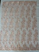 Flower Cluster Fancy Border Fabric - Blush Pink - Embroidered Flower Design on Lace Mesh By Yard