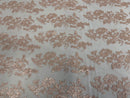 Flower Cluster Fancy Border Fabric - Blush Pink - Embroidered Flower Design on Lace Mesh By Yard