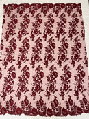 Flower Cluster Fancy Border Fabric - Burgundy - Embroidered Flower Design on Lace Mesh By Yard