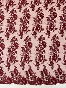 Flower Cluster Fancy Border Fabric - Burgundy - Embroidered Flower Design on Lace Mesh By Yard