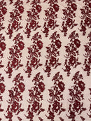 Flower Cluster Fancy Border Fabric - Burgundy - Embroidered Flower Design on Lace Mesh By Yard