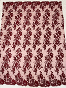 Flower Cluster Fancy Border Fabric - Burgundy - Embroidered Flower Design on Lace Mesh By Yard