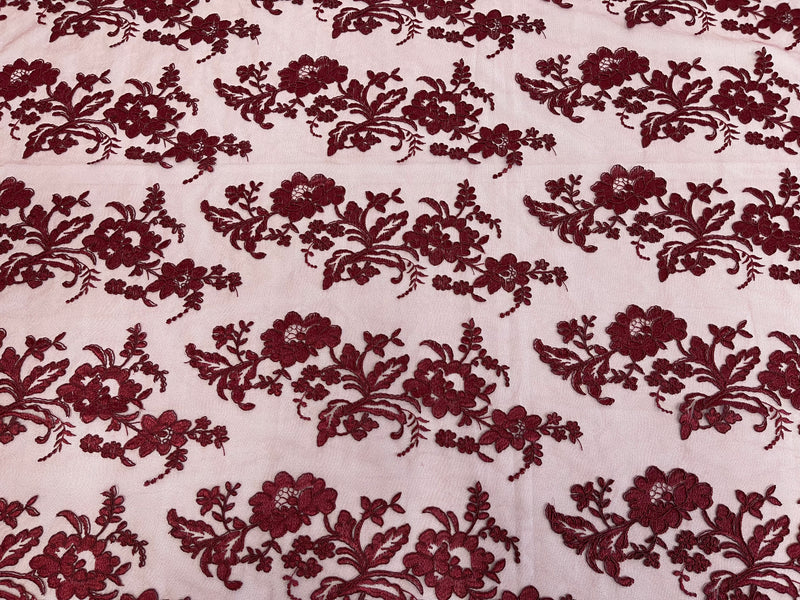 Flower Cluster Fancy Border Fabric - Burgundy - Embroidered Flower Design on Lace Mesh By Yard
