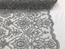Silver Beaded Fabric 3D Damask Design Embroidered 3D Pattern Design Fabric on Mesh Sold By The Yard