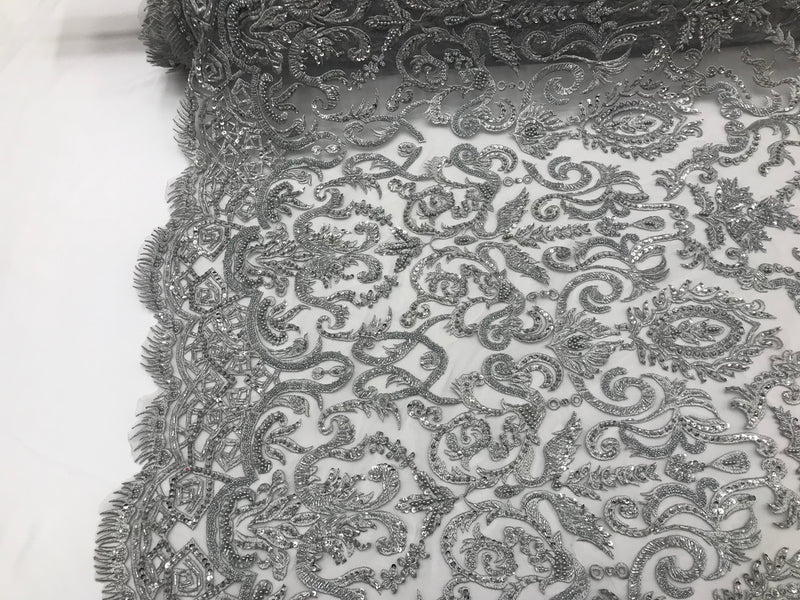 Silver Beaded Fabric 3D Damask Design Embroidered 3D Pattern Design Fabric on Mesh Sold By The Yard