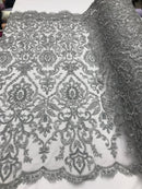 Silver Beaded Fabric 3D Damask Design Embroidered 3D Pattern Design Fabric on Mesh Sold By The Yard