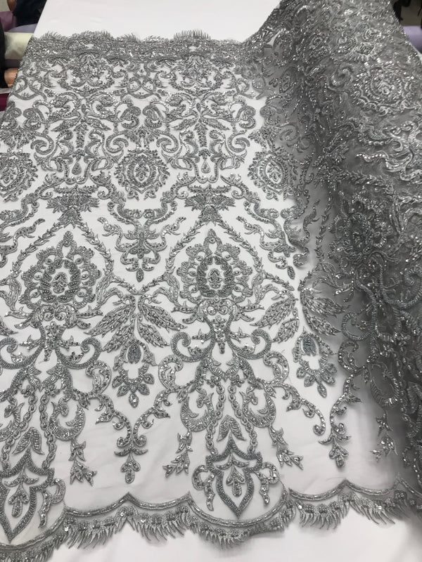 Silver Beaded Fabric 3D Damask Design Embroidered 3D Pattern Design Fabric on Mesh Sold By The Yard