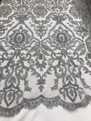 Silver Beaded Fabric 3D Damask Design Embroidered 3D Pattern Design Fabric on Mesh Sold By The Yard