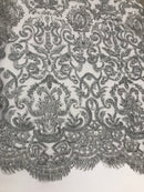 Silver Beaded Fabric 3D Damask Design Embroidered 3D Pattern Design Fabric on Mesh Sold By The Yard
