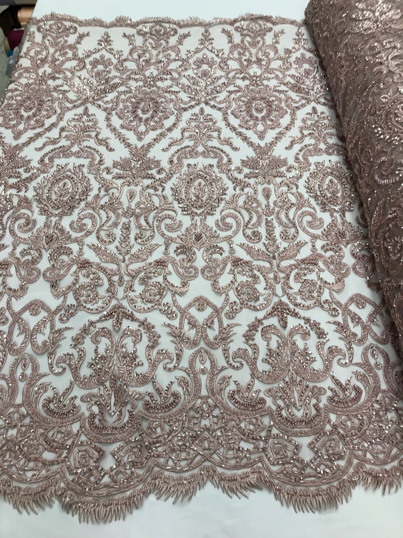Blush Beaded Fabric 3D Damask Design Embroidered 3D Pattern Design Fabric on Mesh Sold By The Yard