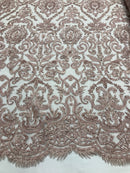 Blush Beaded Fabric 3D Damask Design Embroidered 3D Pattern Design Fabric on Mesh Sold By The Yard