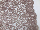 Blush Beaded Fabric 3D Damask Design Embroidered 3D Pattern Design Fabric on Mesh Sold By The Yard