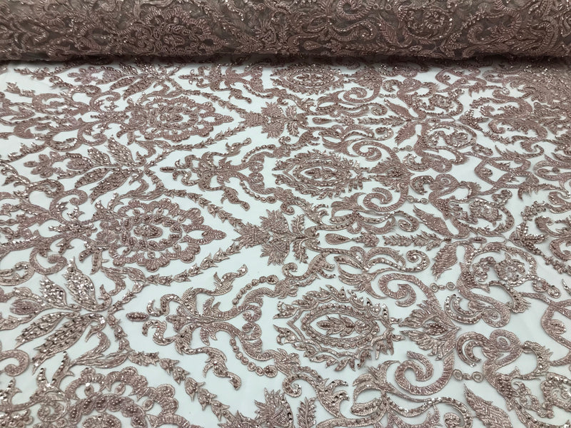 Blush Beaded Fabric 3D Damask Design Embroidered 3D Pattern Design Fabric on Mesh Sold By The Yard