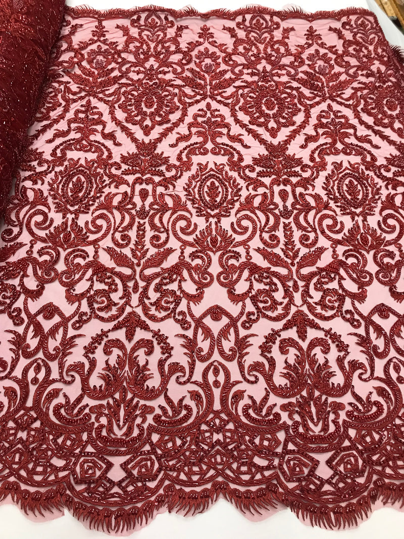 Burgundy Beaded Fabric 3D Damask Design Embroidered 3D Pattern Design Fabric on Mesh By The Yard