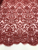Burgundy Beaded Fabric 3D Damask Design Embroidered 3D Pattern Design Fabric on Mesh By The Yard