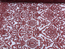 Burgundy Beaded Fabric 3D Damask Design Embroidered 3D Pattern Design Fabric on Mesh By The Yard