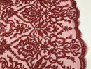 Burgundy Beaded Fabric 3D Damask Design Embroidered 3D Pattern Design Fabric on Mesh By The Yard