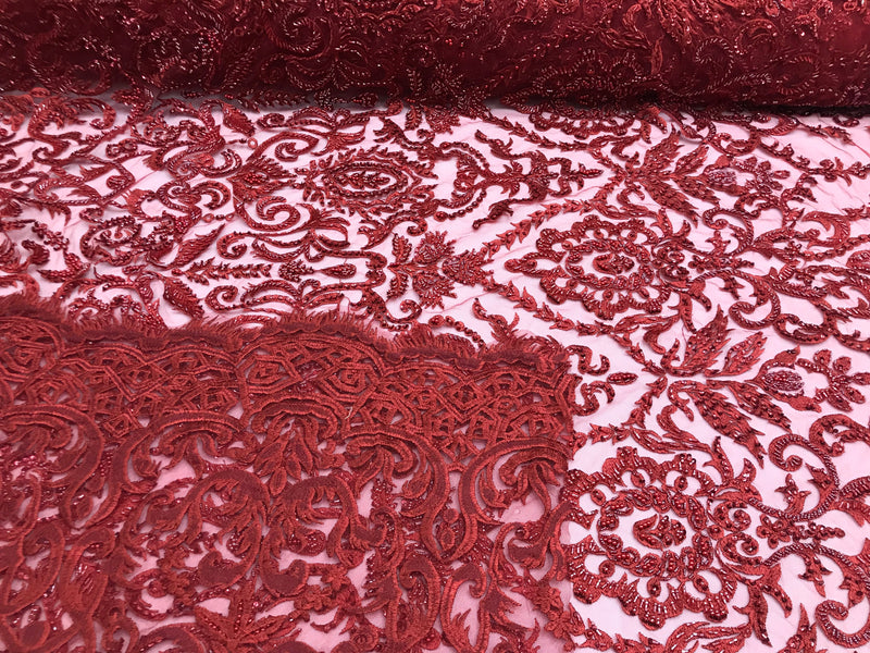 Burgundy Beaded Fabric 3D Damask Design Embroidered 3D Pattern Design Fabric on Mesh By The Yard