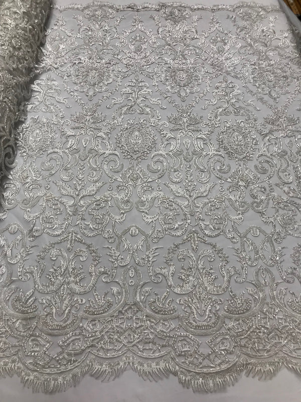 White Beaded Fabric 3D Damask Design Embroidered 3D Pattern Design Fabric on Mesh Sold By The Yard