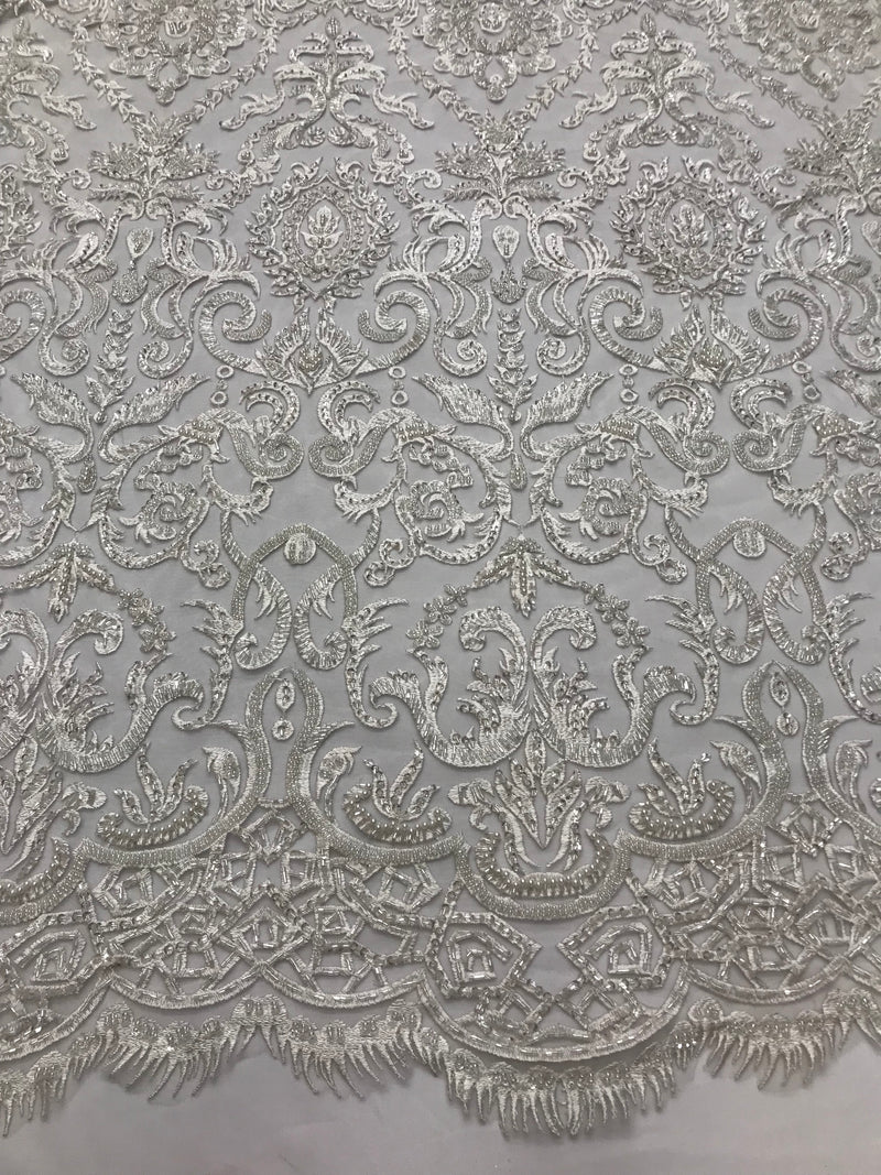 White Beaded Fabric 3D Damask Design Embroidered 3D Pattern Design Fabric on Mesh Sold By The Yard