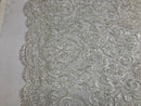 White Beaded Fabric 3D Damask Design Embroidered 3D Pattern Design Fabric on Mesh Sold By The Yard