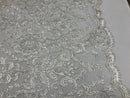 White Beaded Fabric 3D Damask Design Embroidered 3D Pattern Design Fabric on Mesh Sold By The Yard