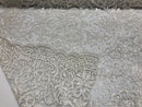 White Beaded Fabric 3D Damask Design Embroidered 3D Pattern Design Fabric on Mesh Sold By The Yard