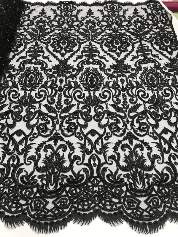 Black Beaded Fabric 3D Damask Design Embroidered 3D Pattern Design Fabric on Mesh Sold By The Yard