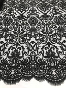 Black Beaded Fabric 3D Damask Design Embroidered 3D Pattern Design Fabric on Mesh Sold By The Yard