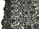 Black Beaded Fabric 3D Damask Design Embroidered 3D Pattern Design Fabric on Mesh Sold By The Yard