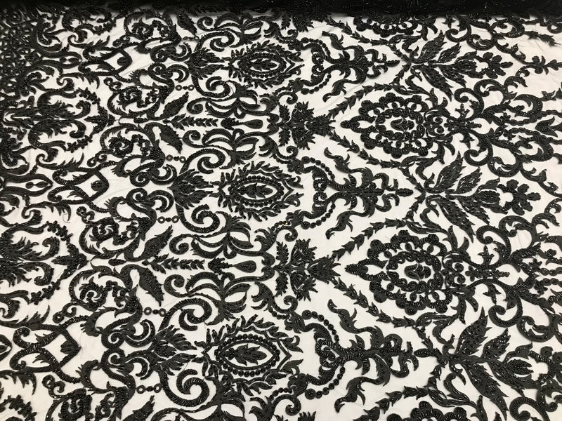 Black Beaded Fabric 3D Damask Design Embroidered 3D Pattern Design Fabric on Mesh Sold By The Yard