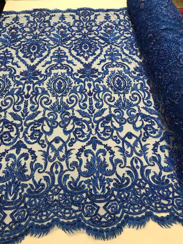 Royal Blue Beaded Fabric 3D Damask Design Embroidered 3D Pattern Design Fabric on Mesh By The Yard