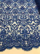 Royal Blue Beaded Fabric 3D Damask Design Embroidered 3D Pattern Design Fabric on Mesh By The Yard