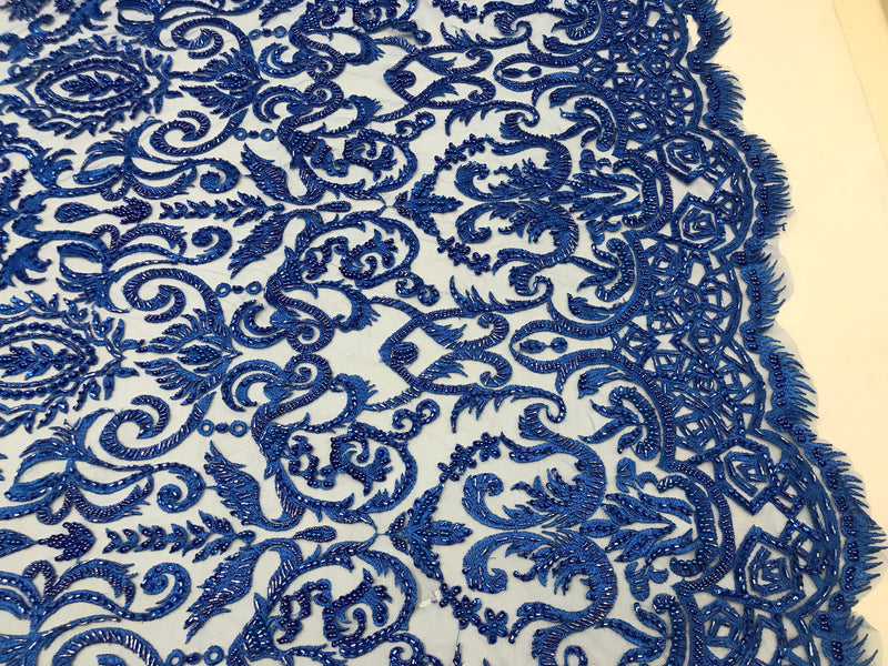 Royal Blue Beaded Fabric 3D Damask Design Embroidered 3D Pattern Design Fabric on Mesh By The Yard