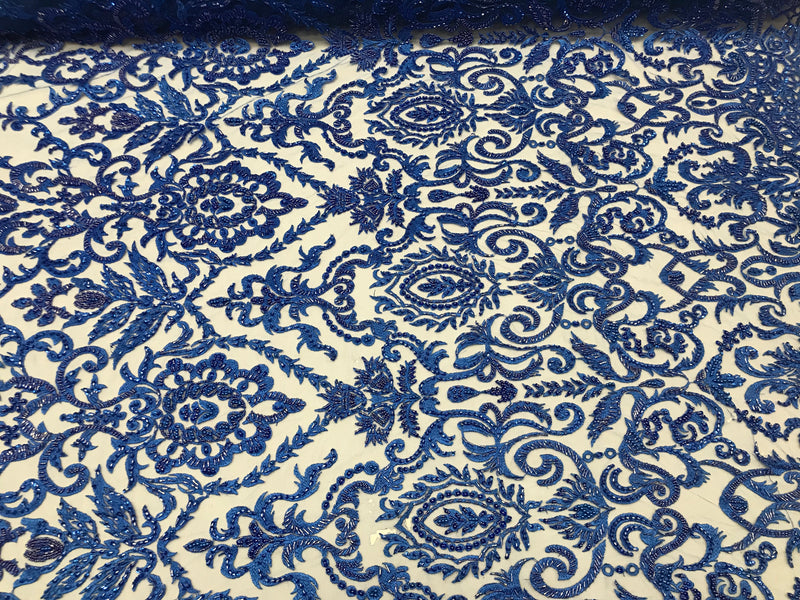 Royal Blue Beaded Fabric 3D Damask Design Embroidered 3D Pattern Design Fabric on Mesh By The Yard