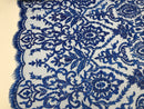 Royal Blue Beaded Fabric 3D Damask Design Embroidered 3D Pattern Design Fabric on Mesh By The Yard