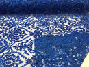 Royal Blue Beaded Fabric 3D Damask Design Embroidered 3D Pattern Design Fabric on Mesh By The Yard