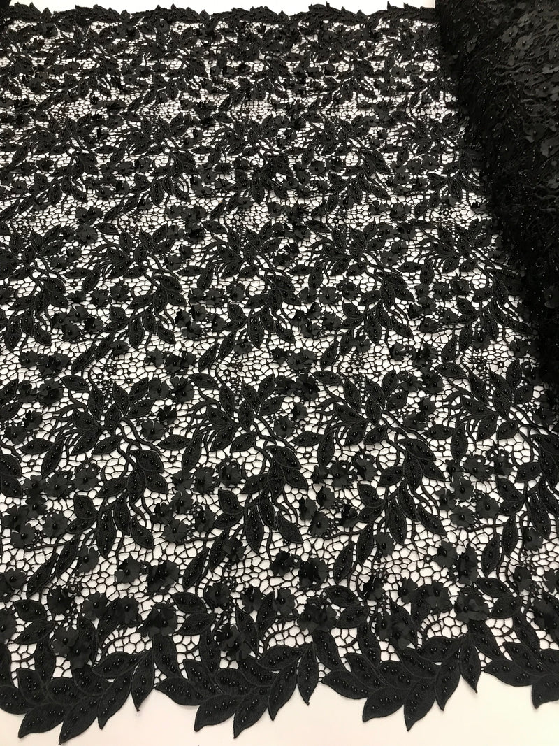 Guipure 3D Lace Fabric - Black - Embroidered 3D Flower with Bead Lace Fabric Sold By The Yard