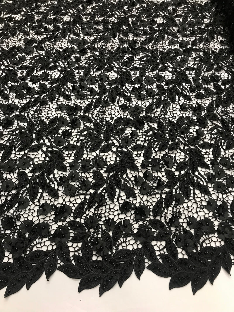 Guipure 3D Lace Fabric - Black - Embroidered 3D Flower with Bead Lace Fabric Sold By The Yard