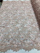 Guipure 3D Lace Fabric - Blush - Embroidered 3D Flower with Bead Lace Fabric Sold By The Yard