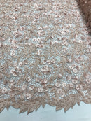 Guipure 3D Lace Fabric - Blush - Embroidered 3D Flower with Bead Lace Fabric Sold By The Yard