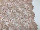 Guipure 3D Lace Fabric - Blush - Embroidered 3D Flower with Bead Lace Fabric Sold By The Yard