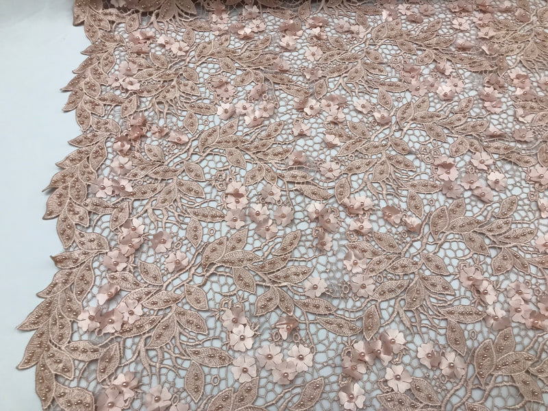 Guipure 3D Lace Fabric - Blush - Embroidered 3D Flower with Bead Lace Fabric Sold By The Yard