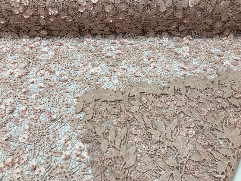 Guipure 3D Lace Fabric - Blush - Embroidered 3D Flower with Bead Lace Fabric Sold By The Yard