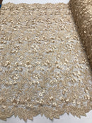 Guipure 3D Lace Fabric - Light Gold - Embroidered 3D Flower with Bead Lace Fabric Sold By The Yard