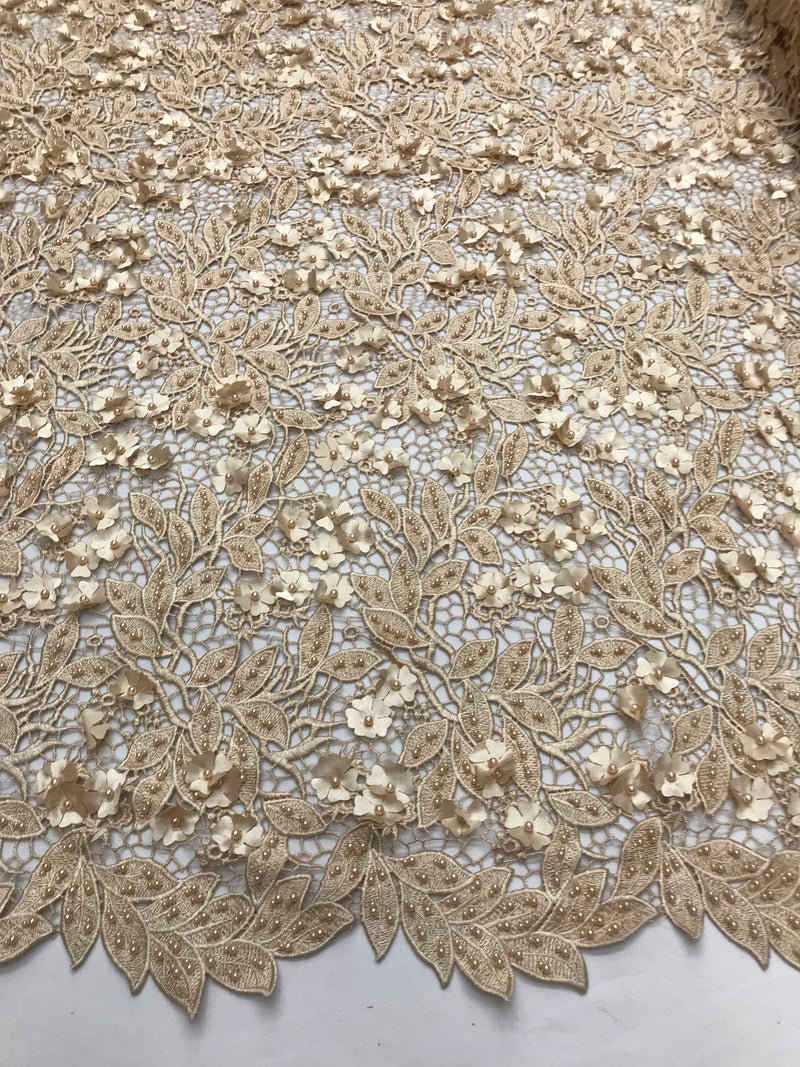 Guipure 3D Lace Fabric - Light Gold - Embroidered 3D Flower with Bead Lace Fabric Sold By The Yard
