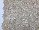 Guipure 3D Lace Fabric - Light Gold - Embroidered 3D Flower with Bead Lace Fabric Sold By The Yard