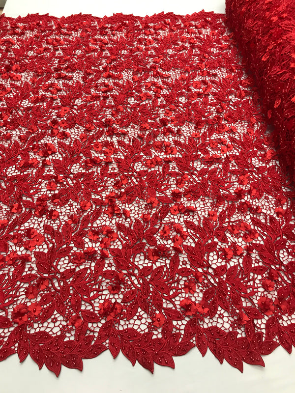 Guipure 3D Lace Fabric - Red - Embroidered 3D Flower with Bead Lace Fabric Sold By The Yard