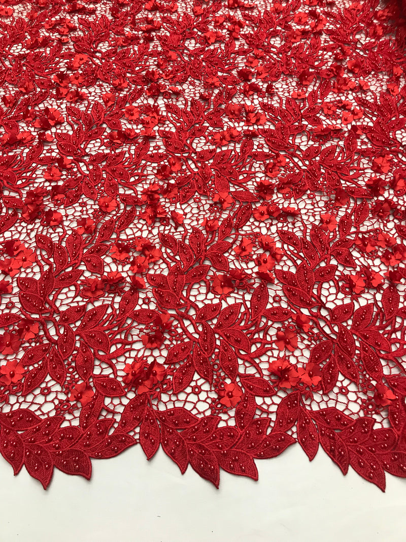 Guipure 3D Lace Fabric - Red - Embroidered 3D Flower with Bead Lace Fabric Sold By The Yard